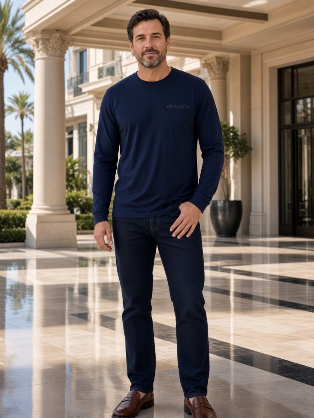 Michael Kors Men Navy Class Crew Pullover Chest Pocket Hotel Porte-Cochere US XL